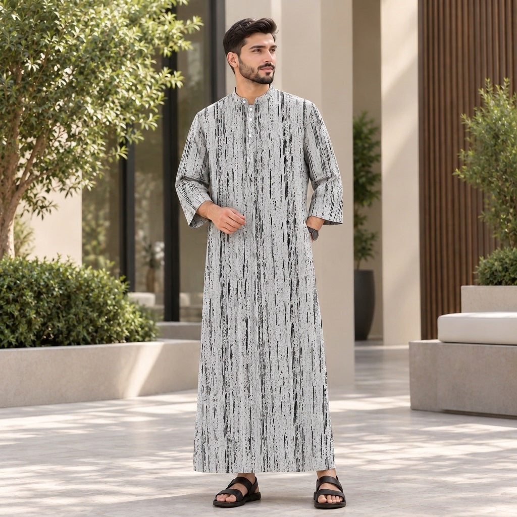 PREMIUM MINIMALIST ABSTRACT VERTICAL PRINTED BAND COLLAR MUSLIM JUBAH