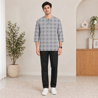 PREMIUM GRID PRINTED ROUND NECK MUSLIM KURTA