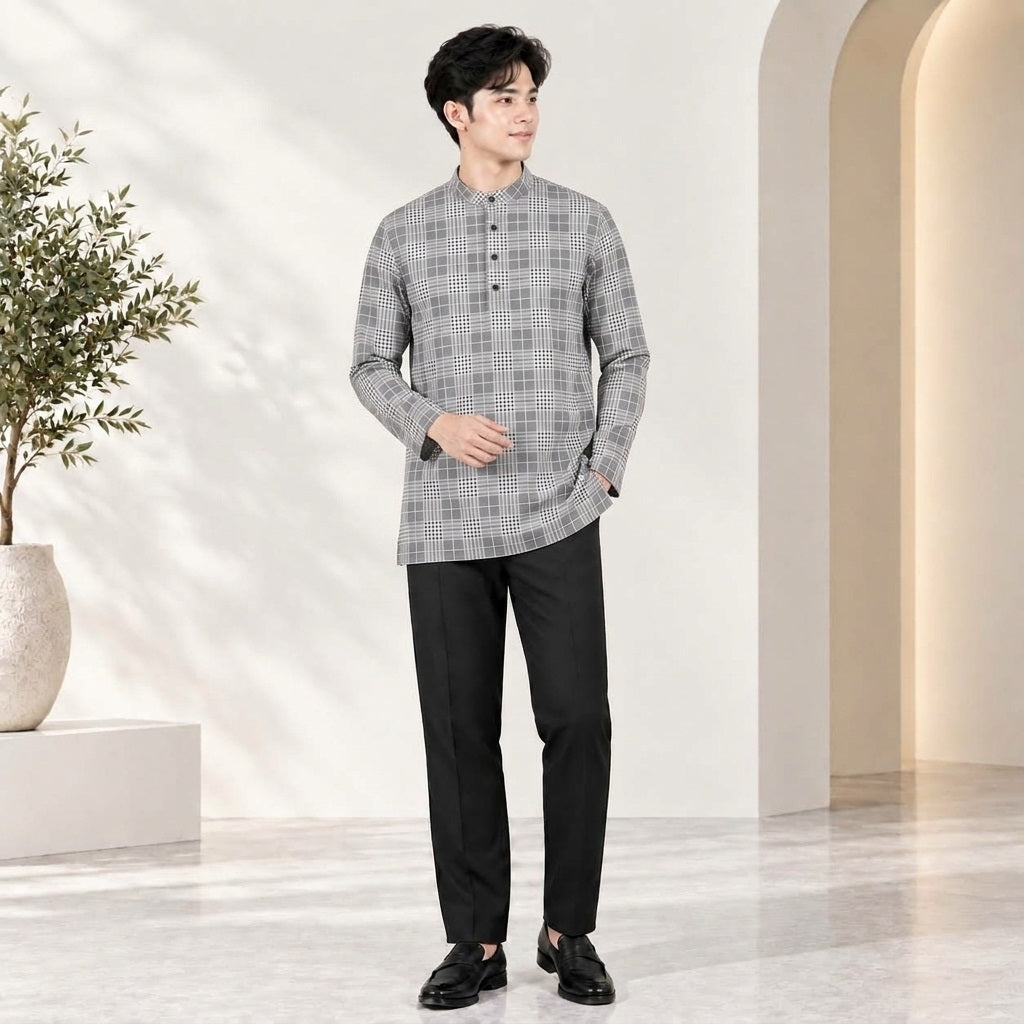 PREMIUM GRID PRINTED BAND COLLAR MUSLIM KURTA