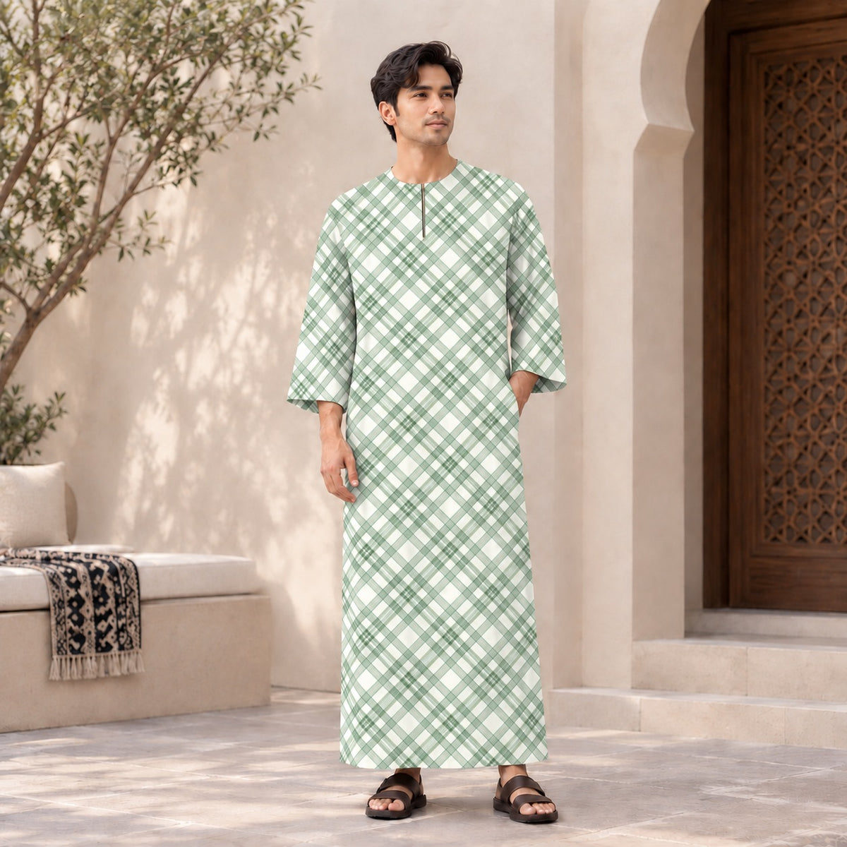 PREMIUM MODERN PLAID PRINTED ROUND NECK MUSLIM JUBAH