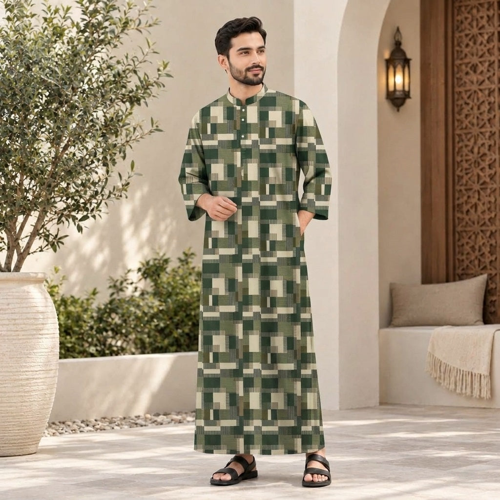PREMIUM MODERN GEOMETRIC PRINTED BAND COLLAR MUSLIM JUBAH