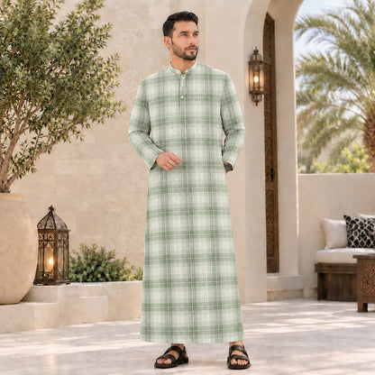 PREMIUM MODERN CLASSIC PLAID PRINTED BAND COLLAR MUSLIM JUBAH