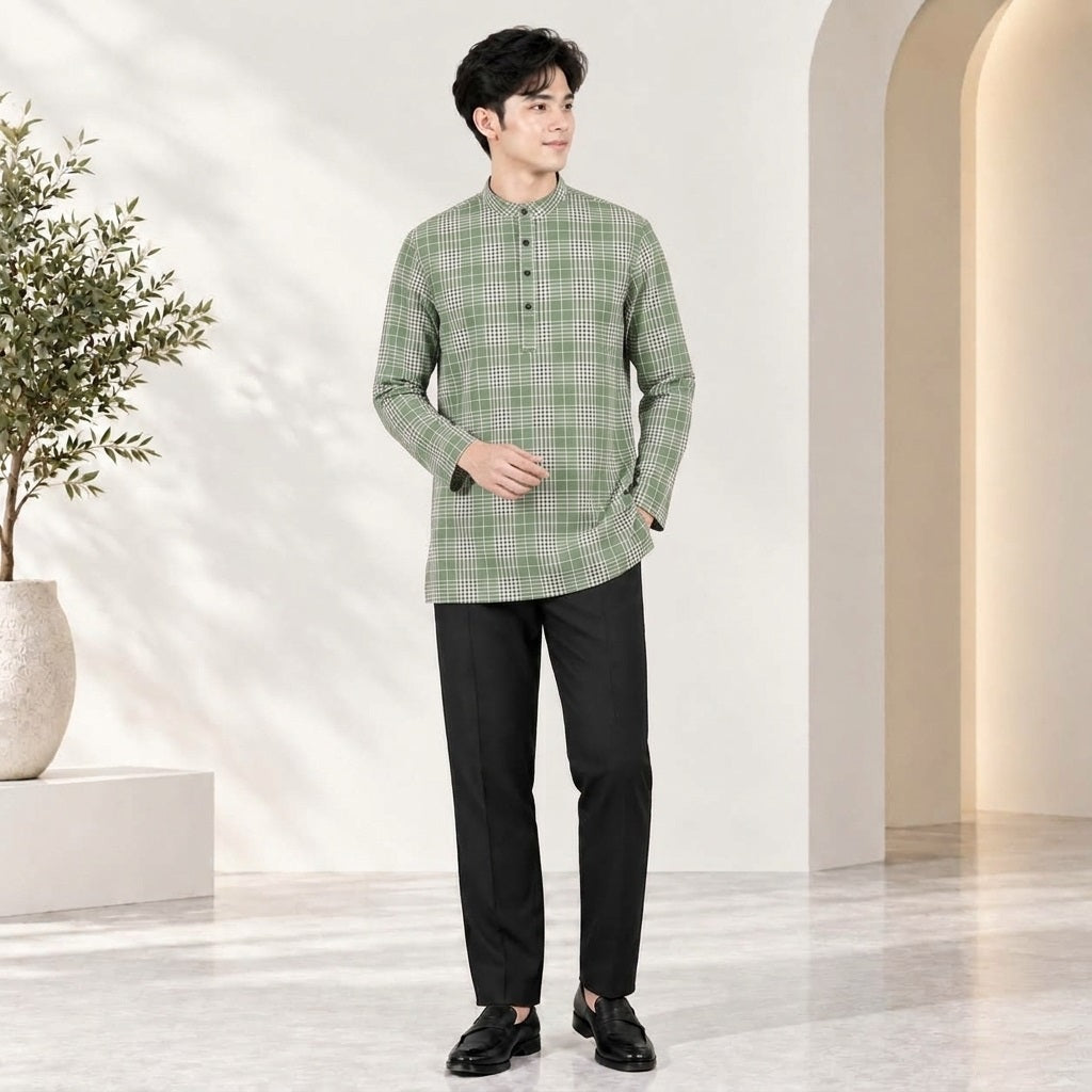PREMIUM GRID PRINTED BAND COLLAR MUSLIM KURTA