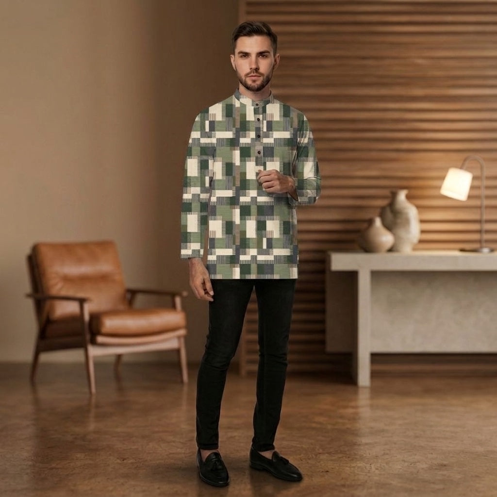 PREMIUM MODERN GEOMETRIC PRINTED BAND COLLAR MUSLIM KURTA