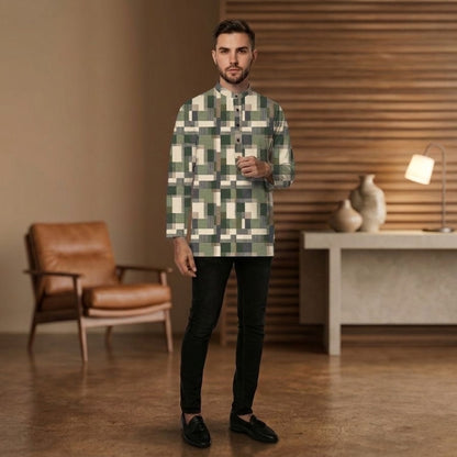 PREMIUM MODERN GEOMETRIC PRINTED BAND COLLAR MUSLIM KURTA