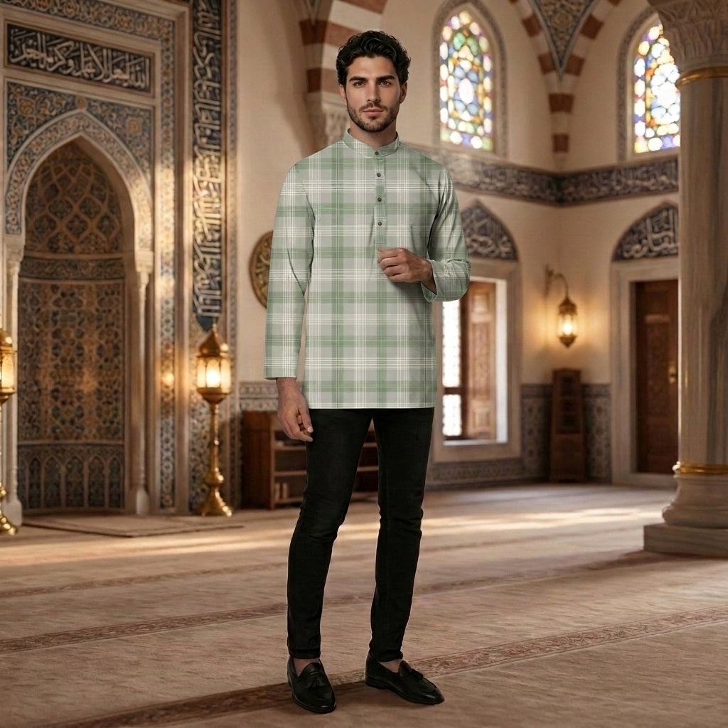 PREMIUM MODERN CLASSIC PLAID PRINTED BAND COLLAR MUSLIM KURTA