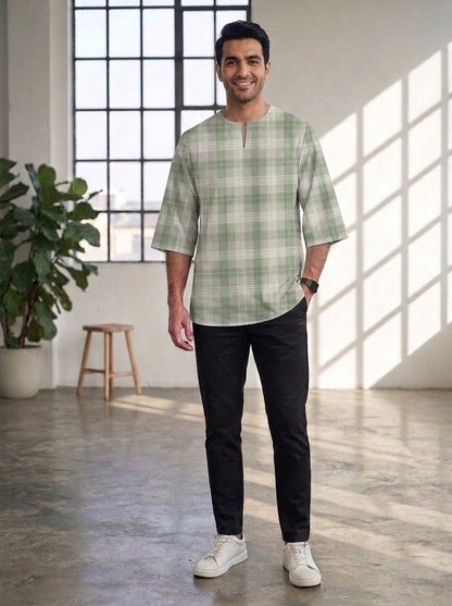 PREMIUM MODERN CLASSIC PLAID PRINTED ROUND NECK MUSLIM KURTA