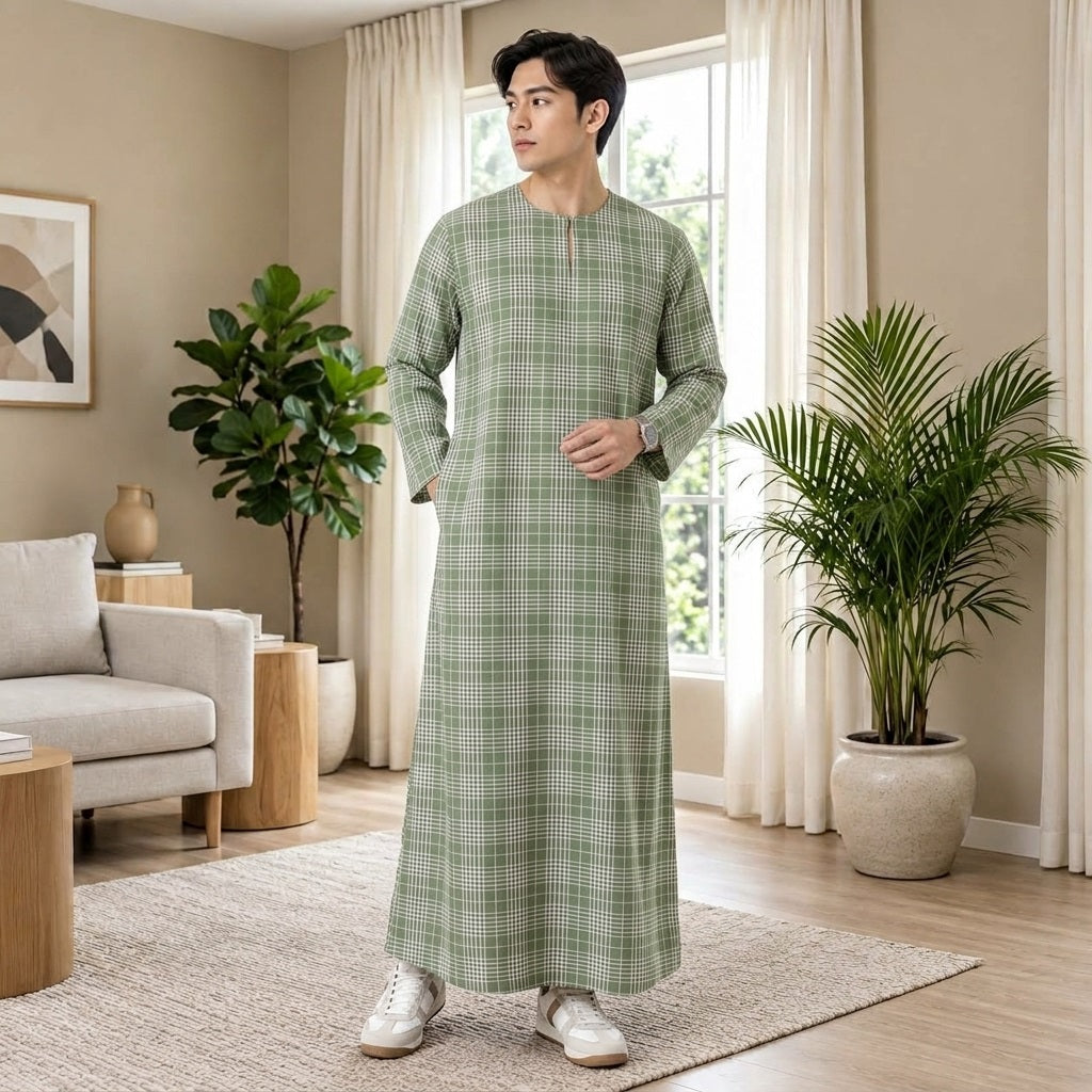 PREMIUM GRID PRINTED ROUND NECK MUSKIM JUBAH