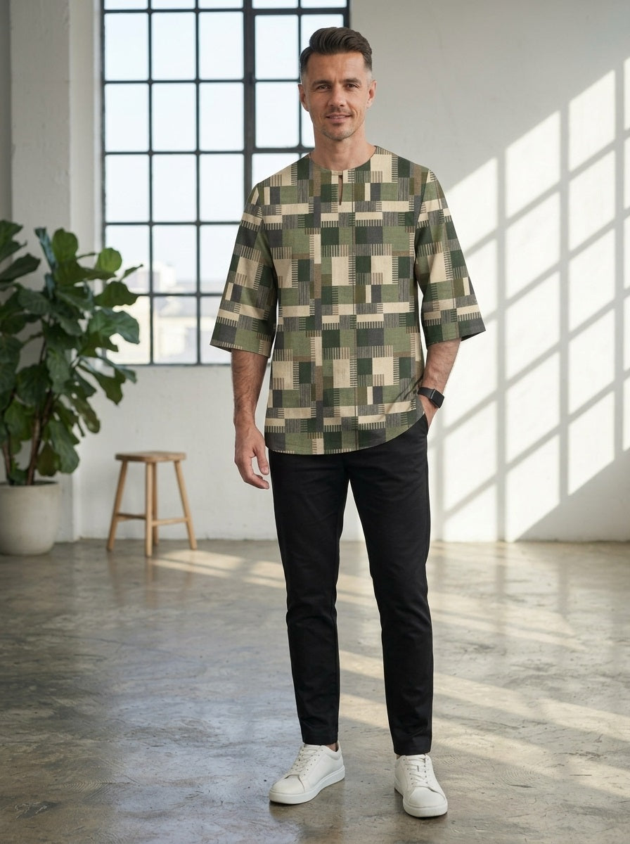 PREMIUM MODERN GEOMETRIC PRINTED ROUND NECK MUSLIM KURTA