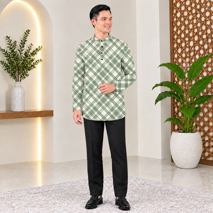 PREMIUM MODERN PLAID PRINTED BAND COLLAR MUSLIM KURTA