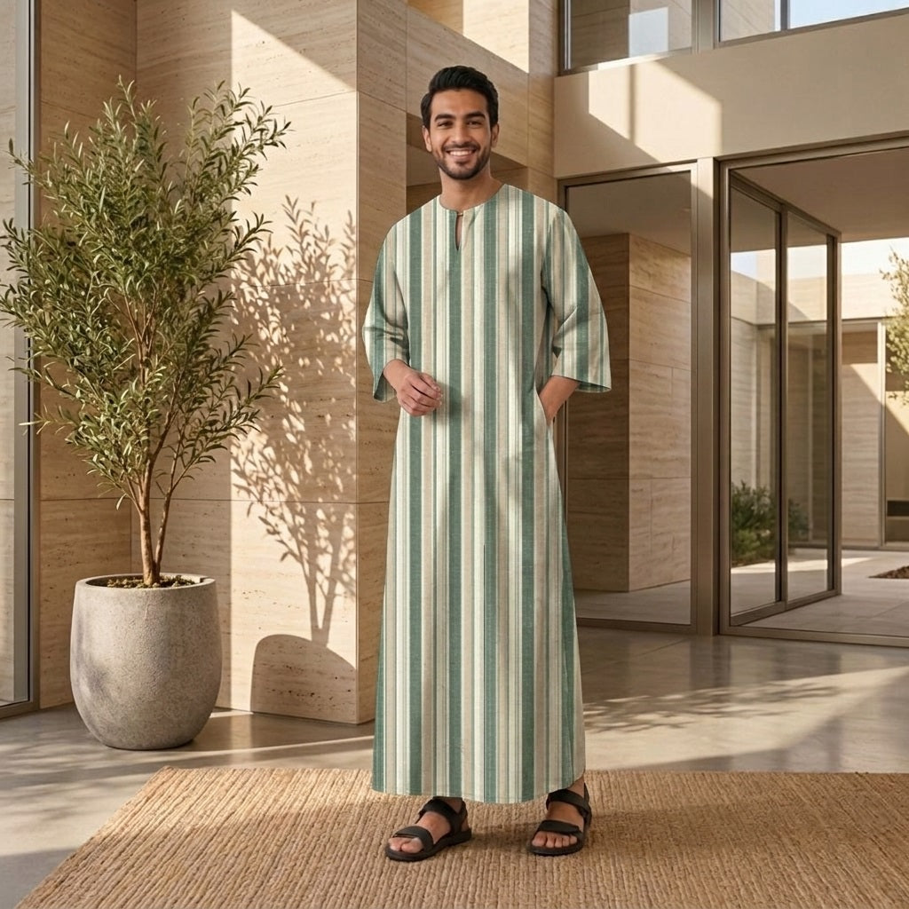 PREMIUM MODERN MULTI-STRIPE PRINTED ROUND NECK MUSLIM JUBAH