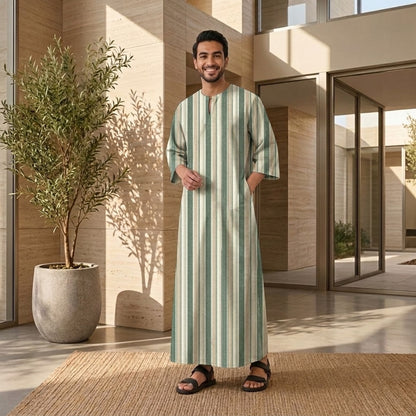 PREMIUM MODERN MULTI-STRIPE PRINTED ROUND NECK MUSLIM JUBAH