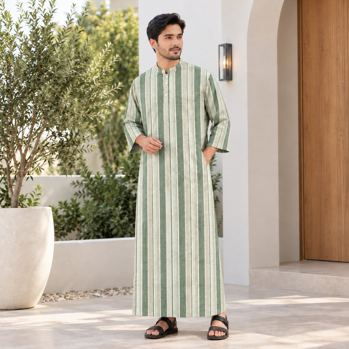 PREMIUM MODERN MULTI-STRIPE PRINTED BAND COLLAR MUSLIM JUBAH
