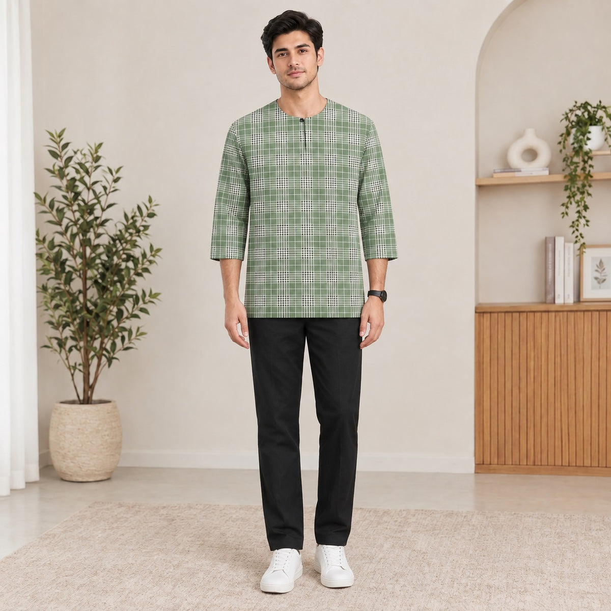 PREMIUM GRID PRINTED ROUND NECK MUSLIM KURTA