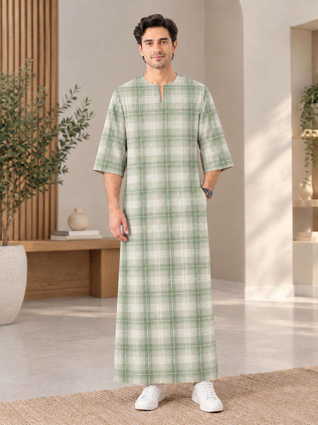 PREMIUM MODERN CLASSIC PLAID PRINTED ROUND NECK MUSLIM JUBAH