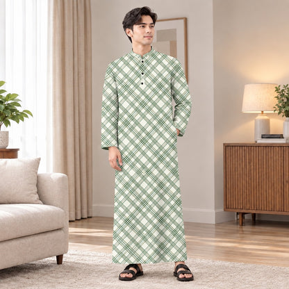 PREMIUM MODERN PLAID PRINTED BAND COLLAR MUSLIM JUBAH