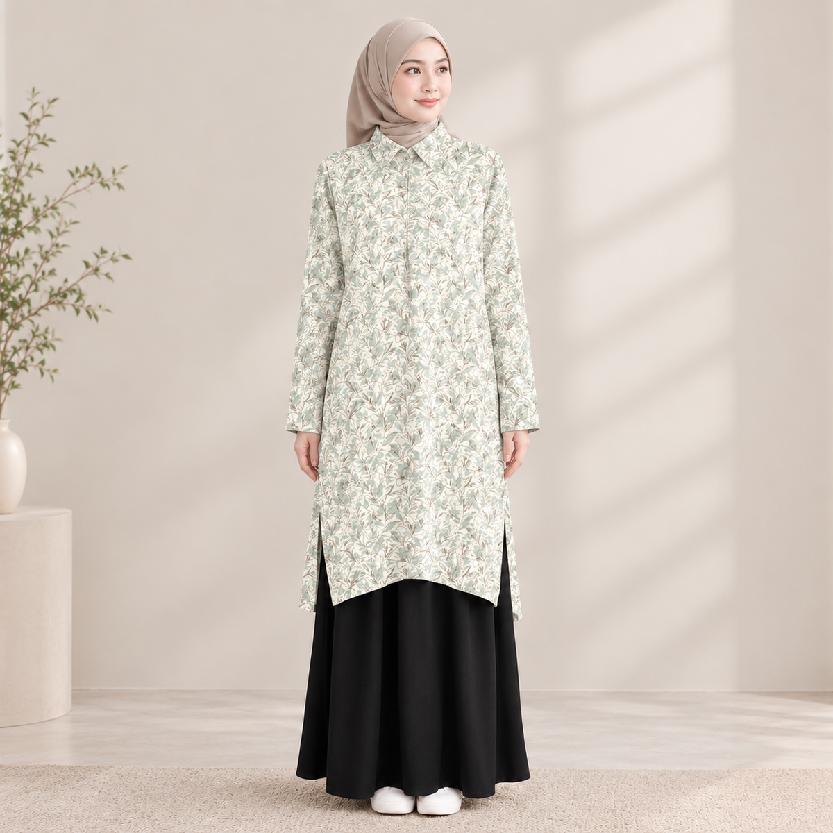 PREMIUM DELICATE FLORAL PRINTED CLASSIC POINT COLLAR LONG BLOUSE