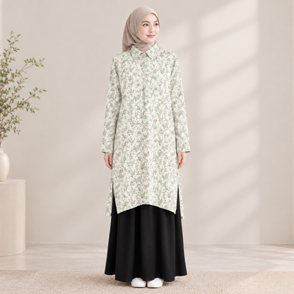 PREMIUM DELICATE FLORAL PRINTED CLASSIC POINT COLLAR LONG BLOUSE