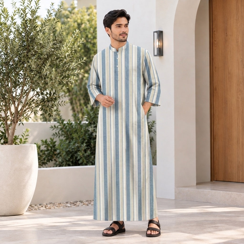 PREMIUM MODERN MULTI-STRIPE PRINTED BAND COLLAR MUSLIM JUBAH