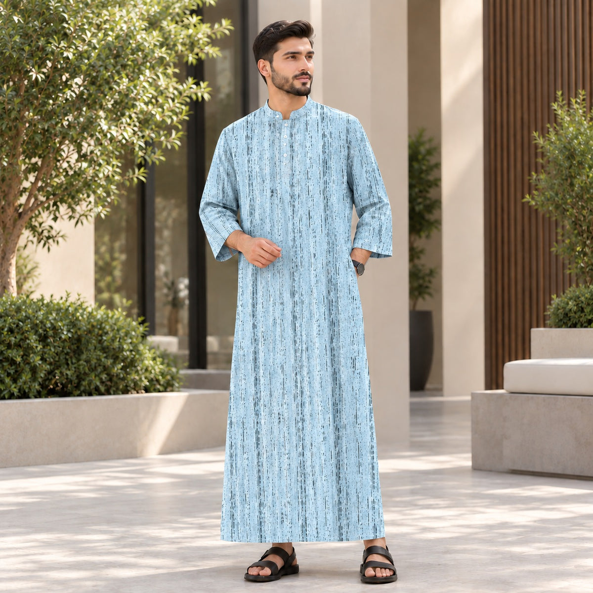 PREMIUM MINIMALIST ABSTRACT VERTICAL PRINTED BAND COLLAR MUSLIM JUBAH