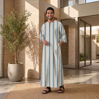 PREMIUM MODERN MULTI-STRIPE PRINTED ROUND NECK MUSLIM JUBAH