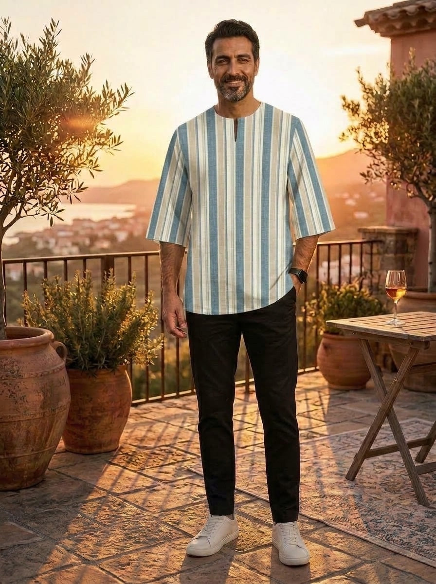 PREMIUM MODERN MULTI-STRIPE PRINTED ROUND NECK MUSLIM KURTA