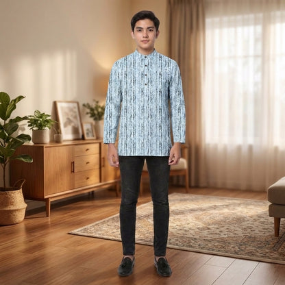 PREMIUM MINIMALIST ABSTRACT VERTICAL PRINTED BAND COLLAR MUSLIM KURTA