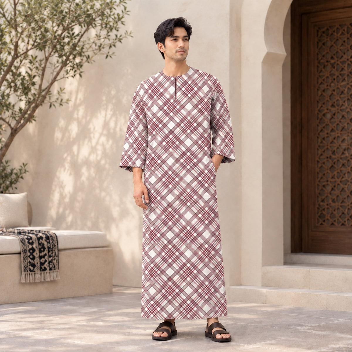 PREMIUM MODERN PLAID PRINTED ROUND NECK MUSLIM JUBAH