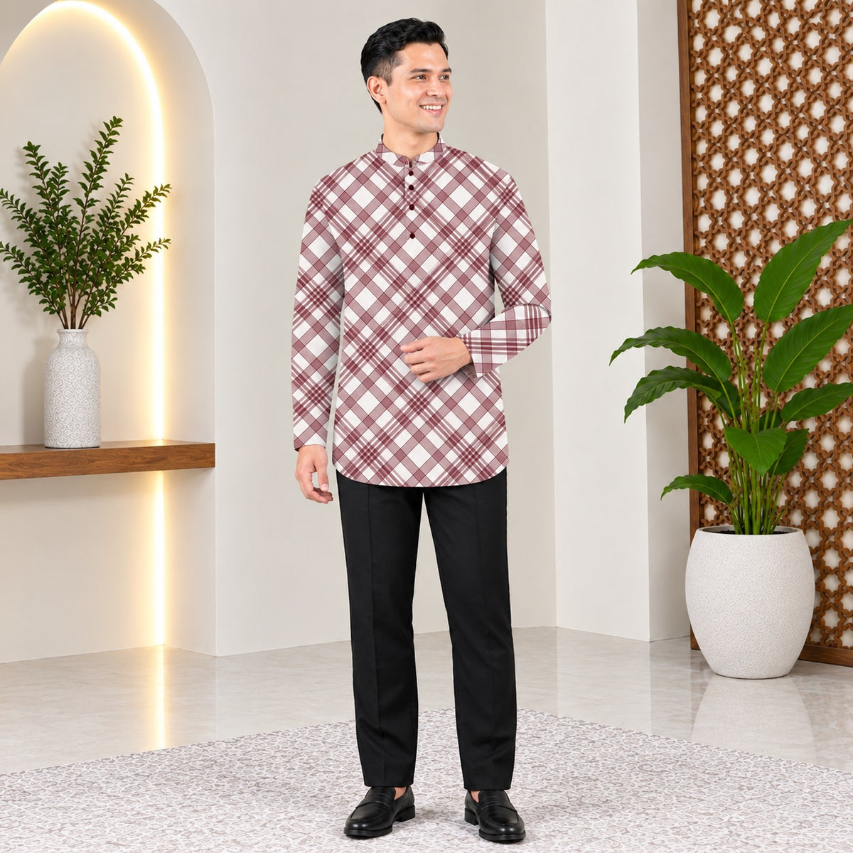 PREMIUM MODERN PLAID PRINTED BAND COLLAR MUSLIM KURTA