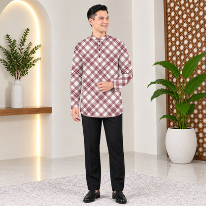PREMIUM MODERN PLAID PRINTED BAND COLLAR MUSLIM KURTA