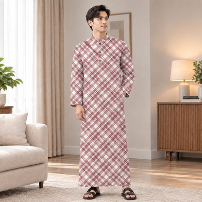 PREMIUM MODERN PLAID PRINTED BAND COLLAR MUSLIM JUBAH