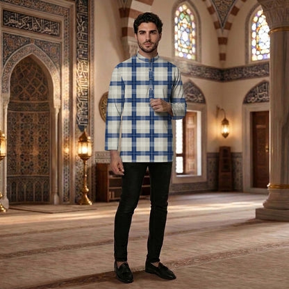 PREMIUM MODERN CLASSIC PLAID PRINTED BAND COLLAR MUSLIM KURTA