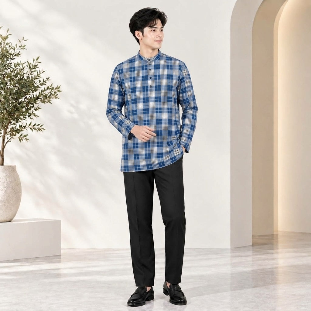 PREMIUM GRID PRINTED BAND COLLAR MUSLIM KURTA