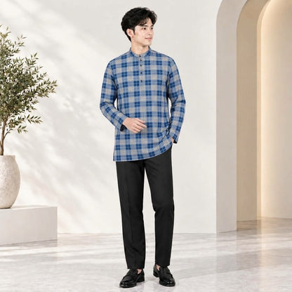 PREMIUM GRID PRINTED BAND COLLAR MUSLIM KURTA