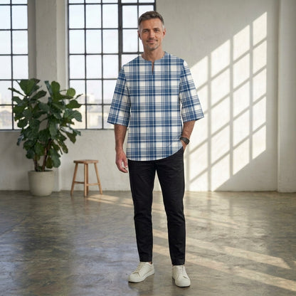 PREMIUM MODERN TARTAN PLAID PRINTED ROUND NECK MUSLIM KURTA
