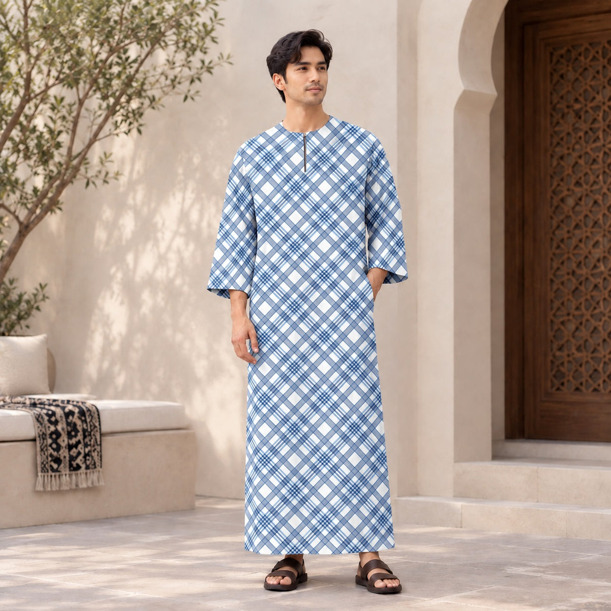 PREMIUM MODERN PLAID PRINTED ROUND NECK MUSLIM JUBAH