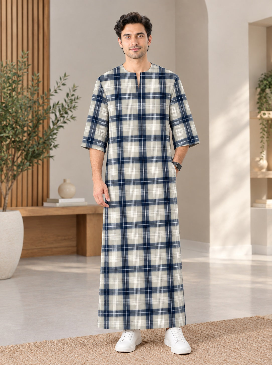 PREMIUM MODERN CLASSIC PLAID PRINTED ROUND NECK MUSLIM JUBAH