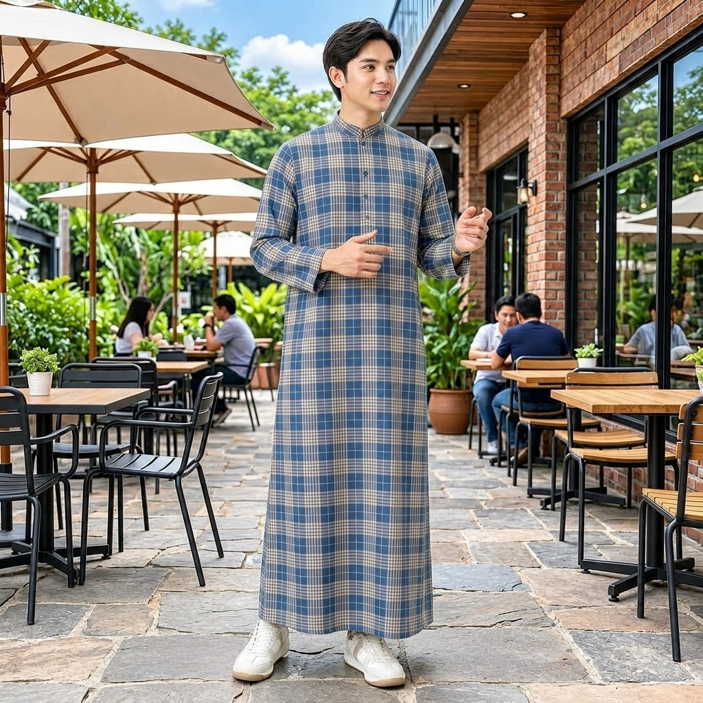 PREMIUM GRID PRINTED MUSLIM JUBAH BAND COLLAR