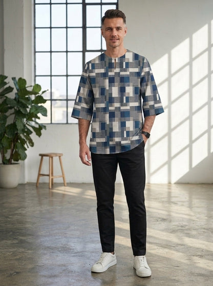 PREMIUM MODERN GEOMETRIC PRINTED ROUND NECK MUSLIM KURTA