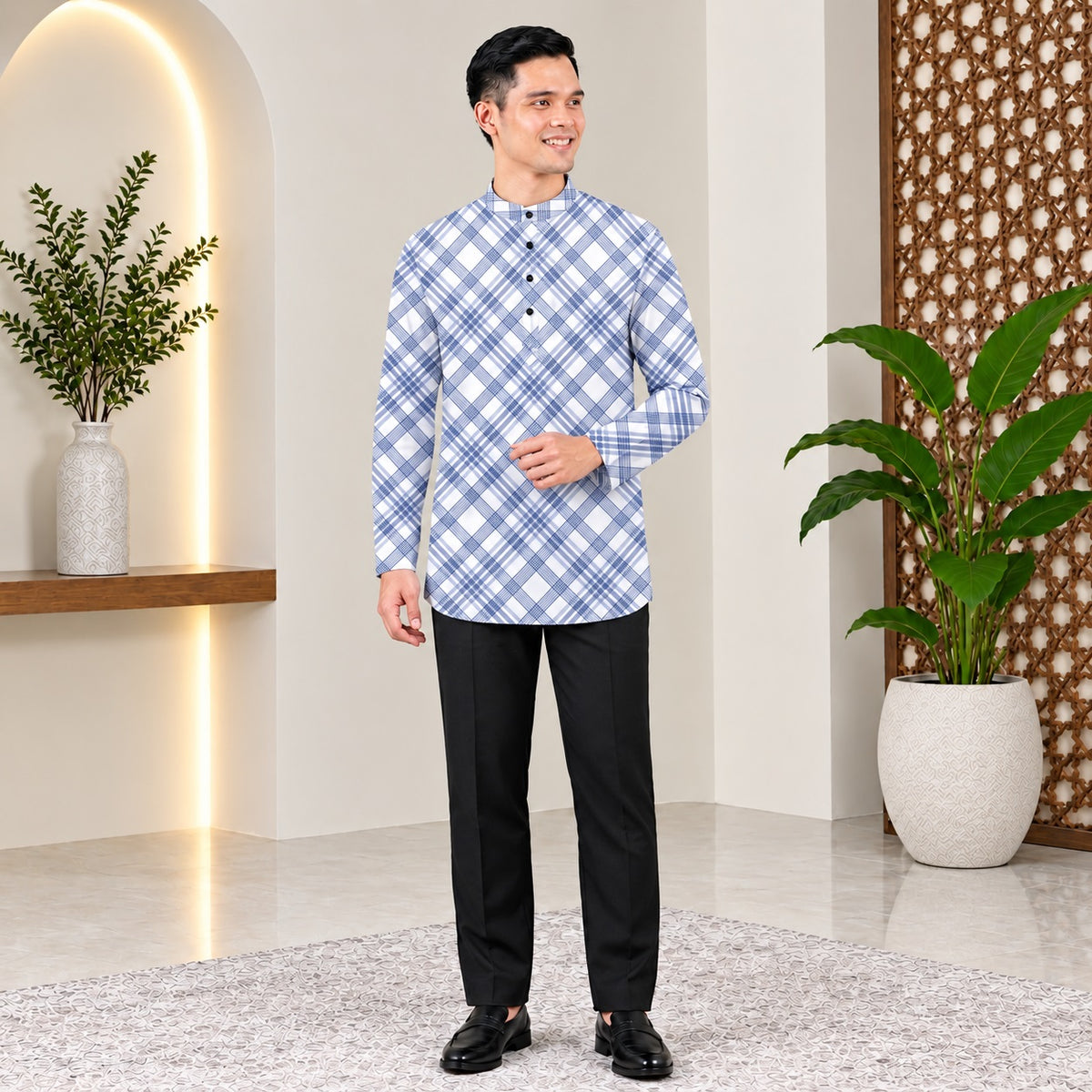 PREMIUM MODERN PLAID PRINTED BAND COLLAR MUSLIM KURTA