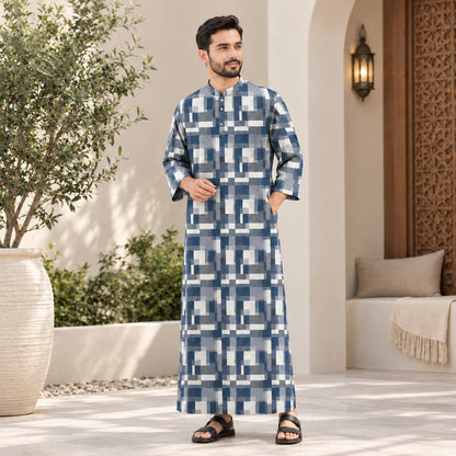 PREMIUM MODERN GEOMETRIC PRINTED BAND COLLAR MUSLIM JUBAH