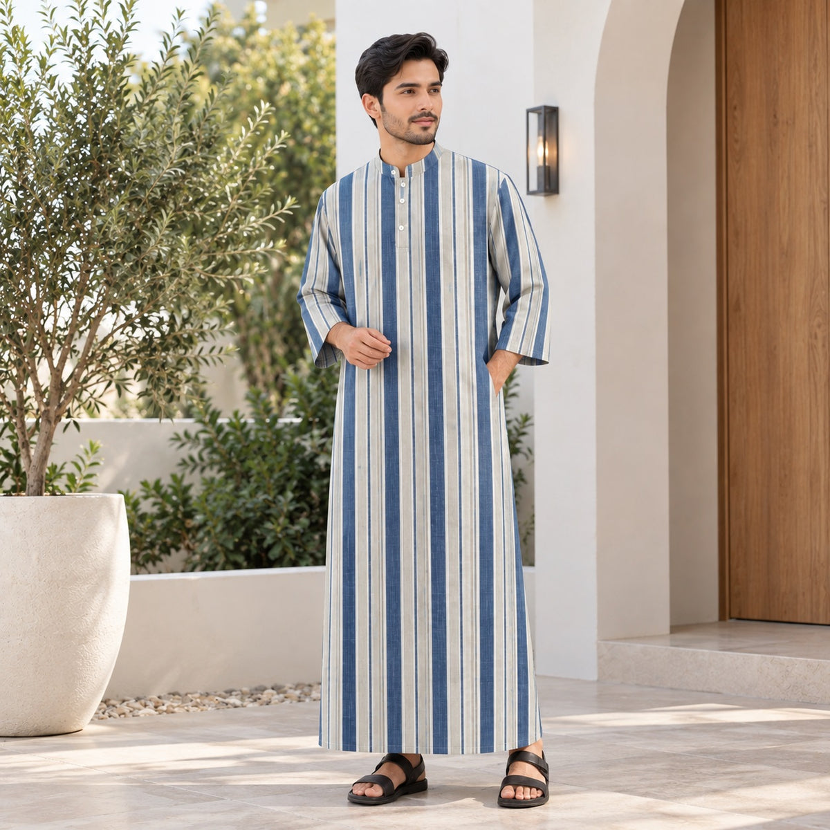 PREMIUM MODERN MULTI-STRIPE PRINTED BAND COLLAR MUSLIM JUBAH