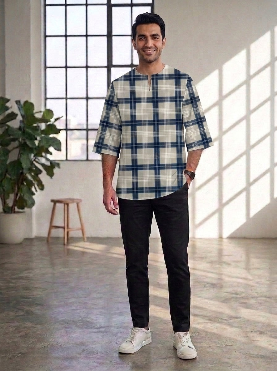 PREMIUM MODERN CLASSIC PLAID PRINTED ROUND NECK MUSLIM KURTA