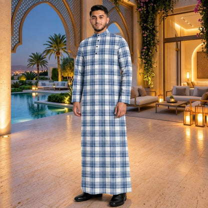 PREMIUM MODERN TARTAN PLAID PRINTED BAND COLLAR MUSLIM JUBAH