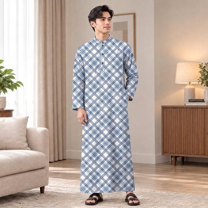 PREMIUM MODERN PLAID PRINTED BAND COLLAR MUSLIM JUBAH
