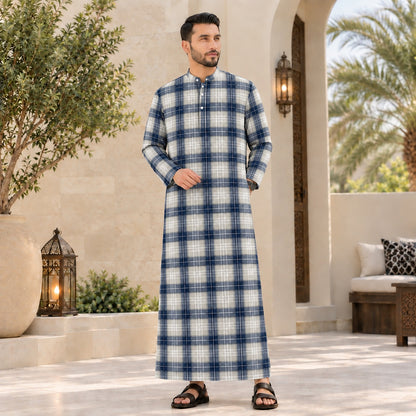 PREMIUM MODERN CLASSIC PLAID PRINTED BAND COLLAR MUSLIM JUBAH