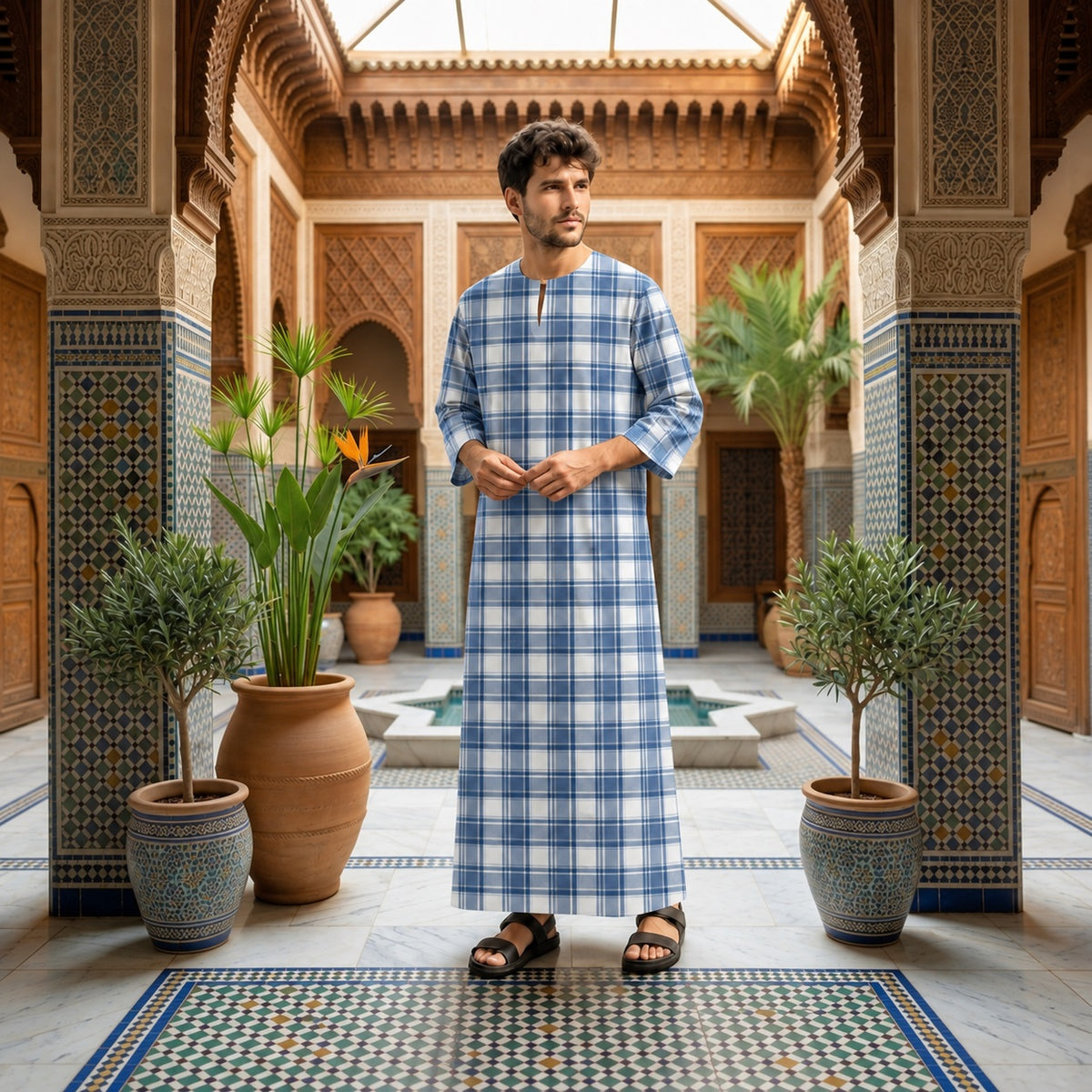PREMIUM MODERN TARTAN PLAID PRINTED ROUND NECK MUSLIM JUBAH