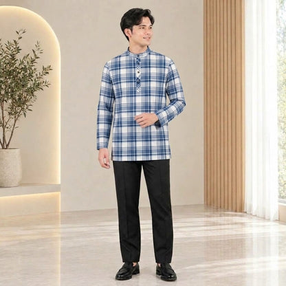 PREMIUM MODERN TARTAN PLAID PRINTED BAND COLLAR MUSLIM KURTA