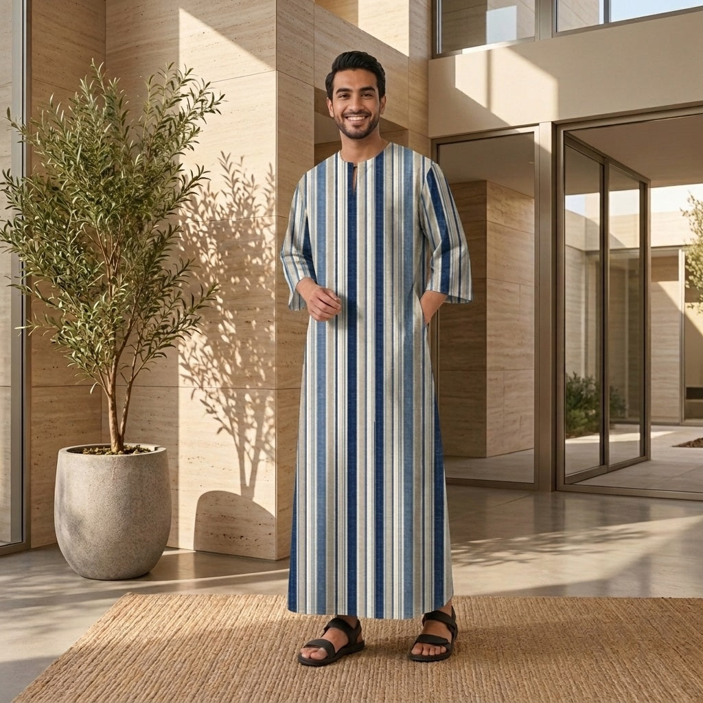 PREMIUM MODERN MULTI-STRIPE PRINTED ROUND NECK MUSLIM JUBAH