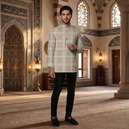 PREMIUM MODERN CLASSIC PLAID PRINTED BAND COLLAR MUSLIM KURTA
